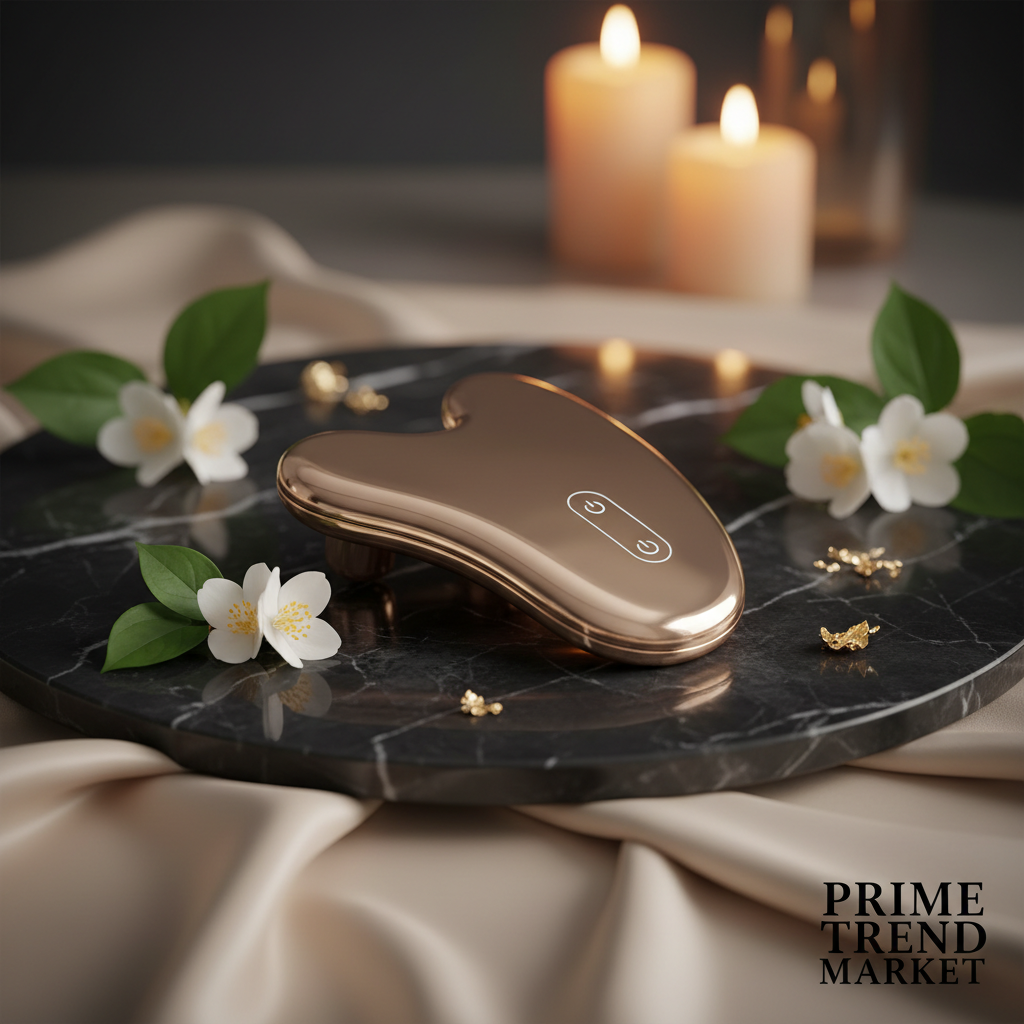 Luxury Electric Heated Gua Sha Massager hero shot on dark marble with jasmine and gold leaf