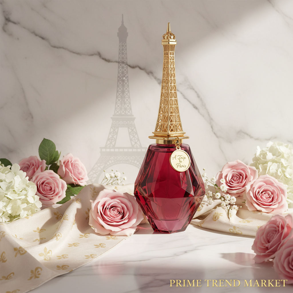 A Trip to Paris red perfume on marble with Eiffel Tower silhouette and flowers