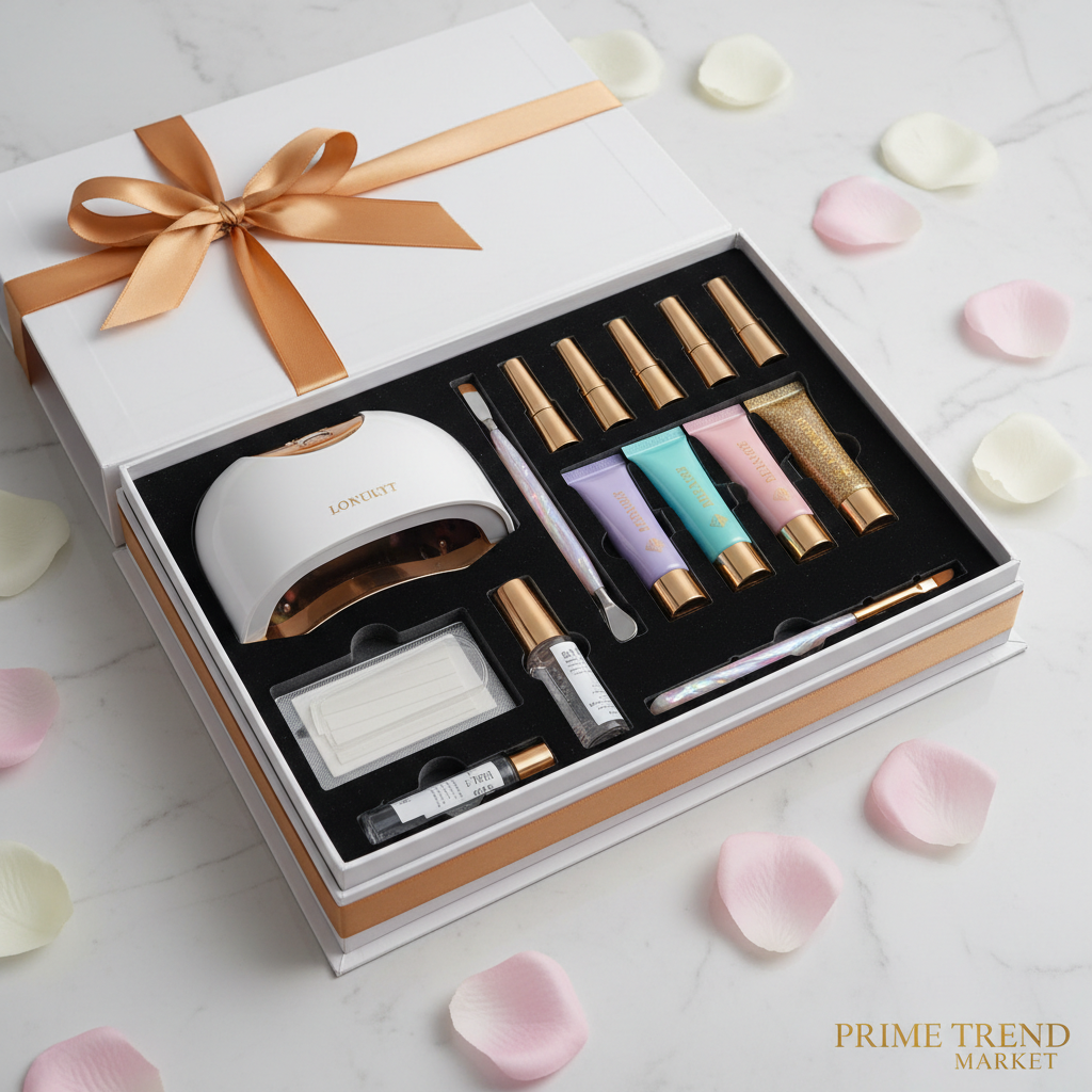 Polygel nail kit gift set in luxury white box with gold ribbon