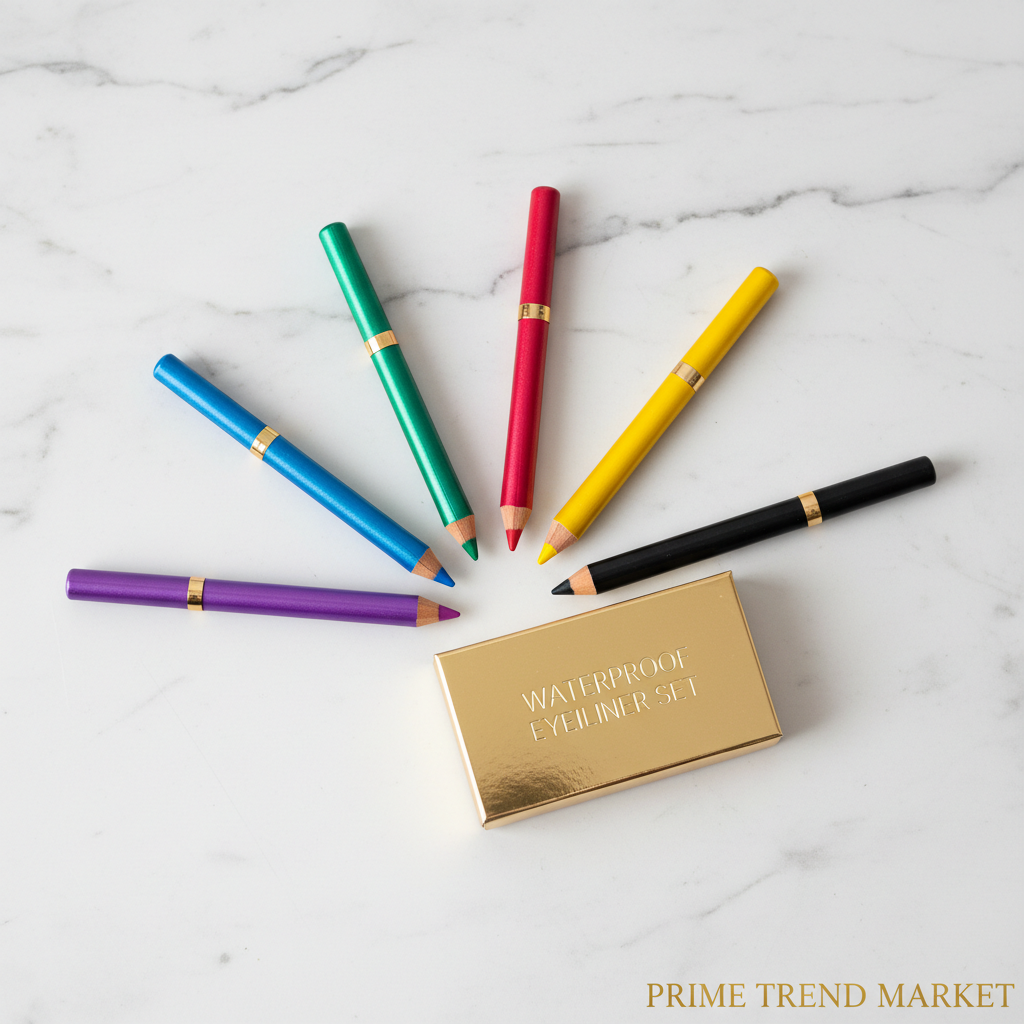 8-color eyeliner set flat lay on marble