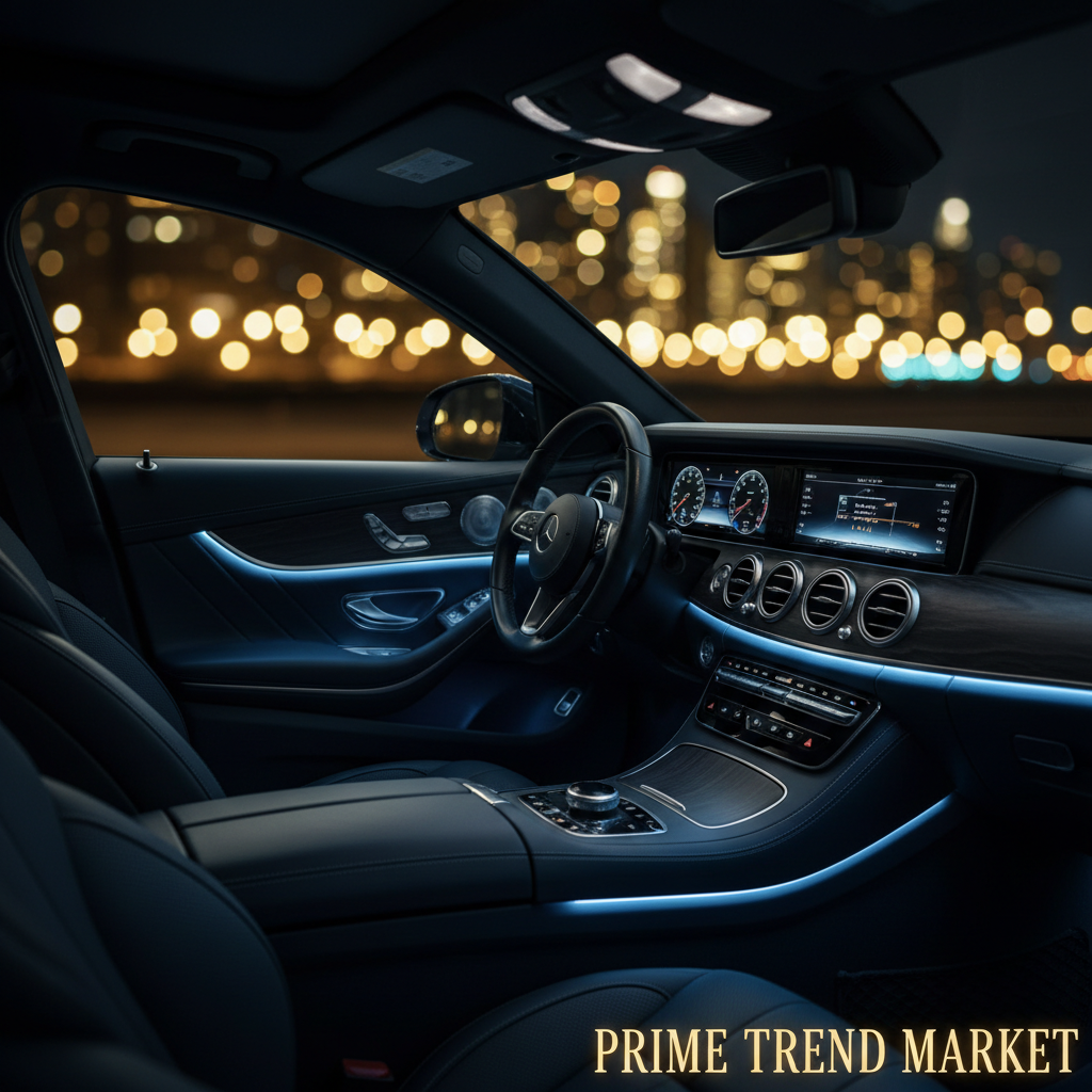 Blue LED atmosphere lights glowing inside luxury car interior – Prime Trend Market