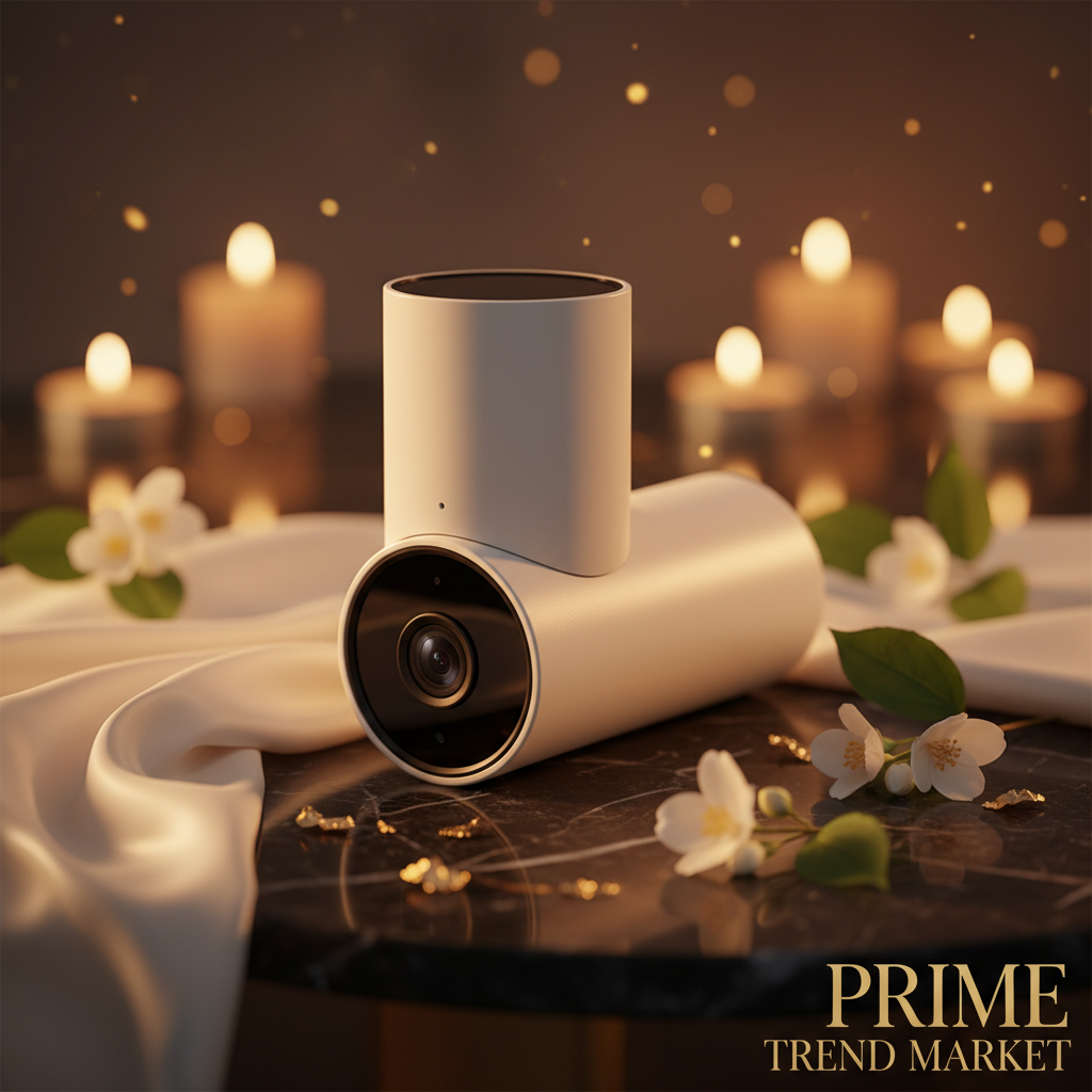 1080P HD WiFi Smart Surveillance Camera white body on black marble with jasmine flowers
