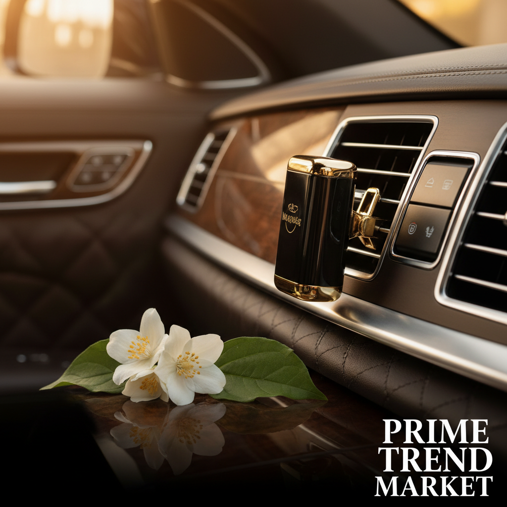 Luxury black car vent clip aroma diffuser in premium car interior with jasmine flowers