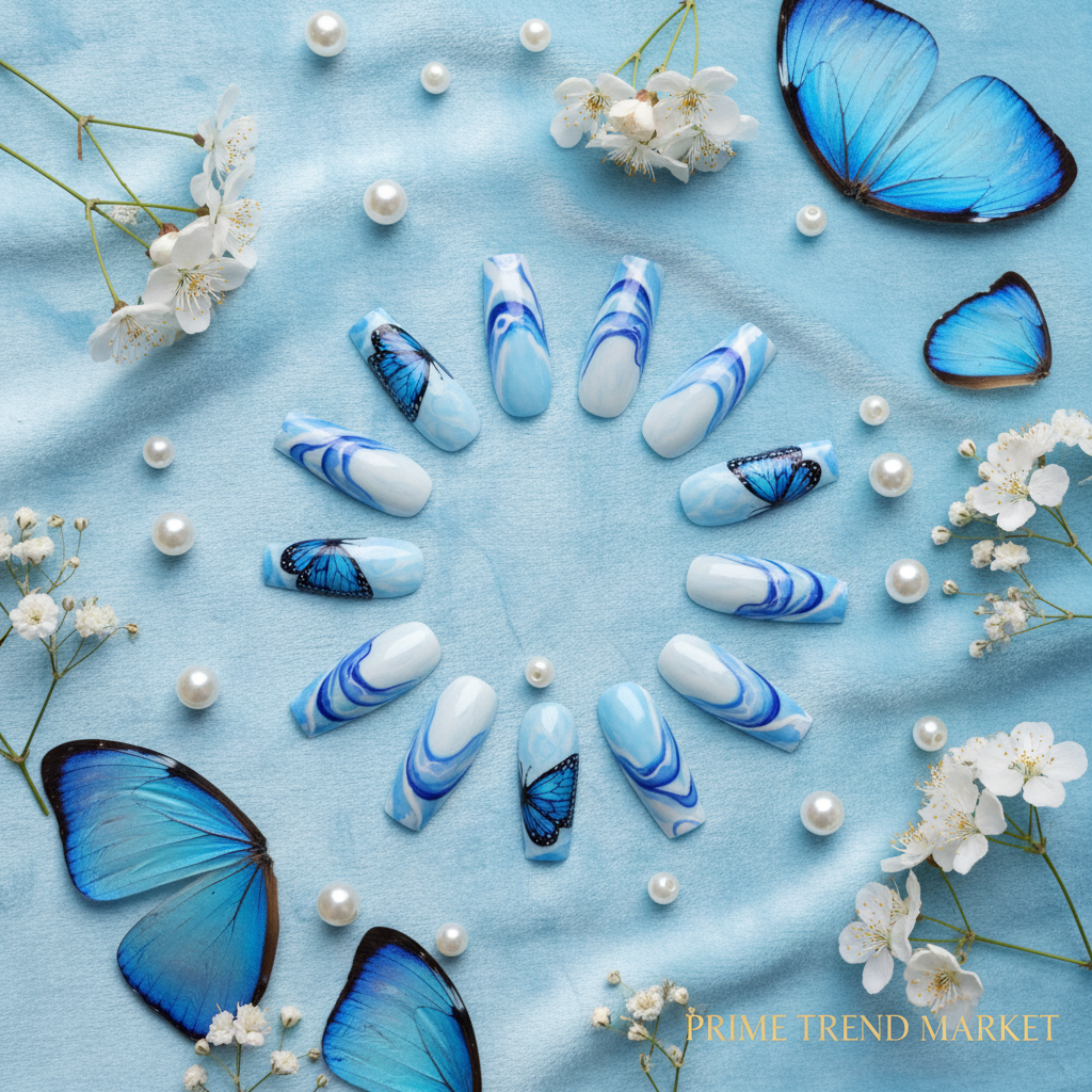 Blue butterfly nail art press-on nails arranged in circle on sky blue background with butterfly wings and pearl beads