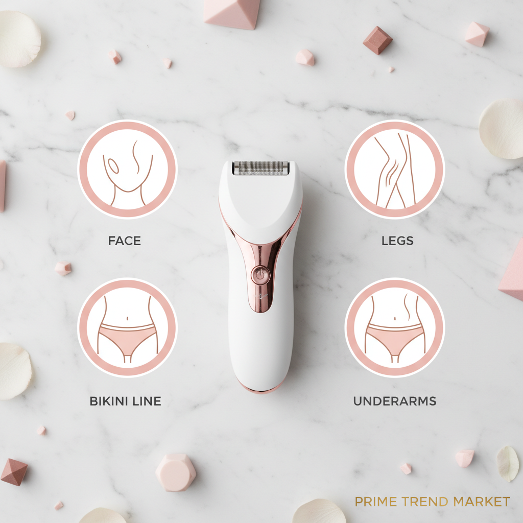 3-in-1 women shaver infographic face legs underarms bikini line uses marble pink accents editorial