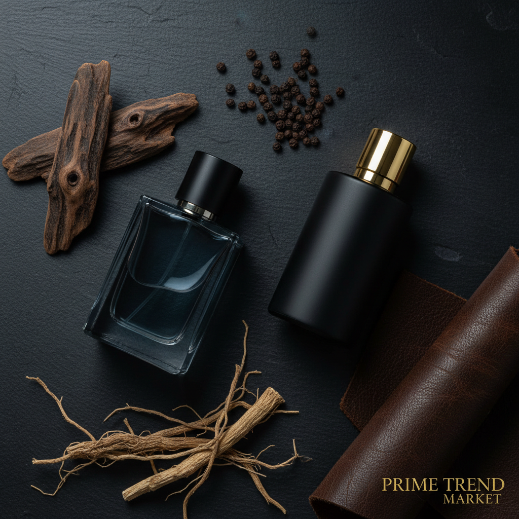 Men's Niche Fragrance oud and leather fragrance notes flat lay - Prime Trend Market