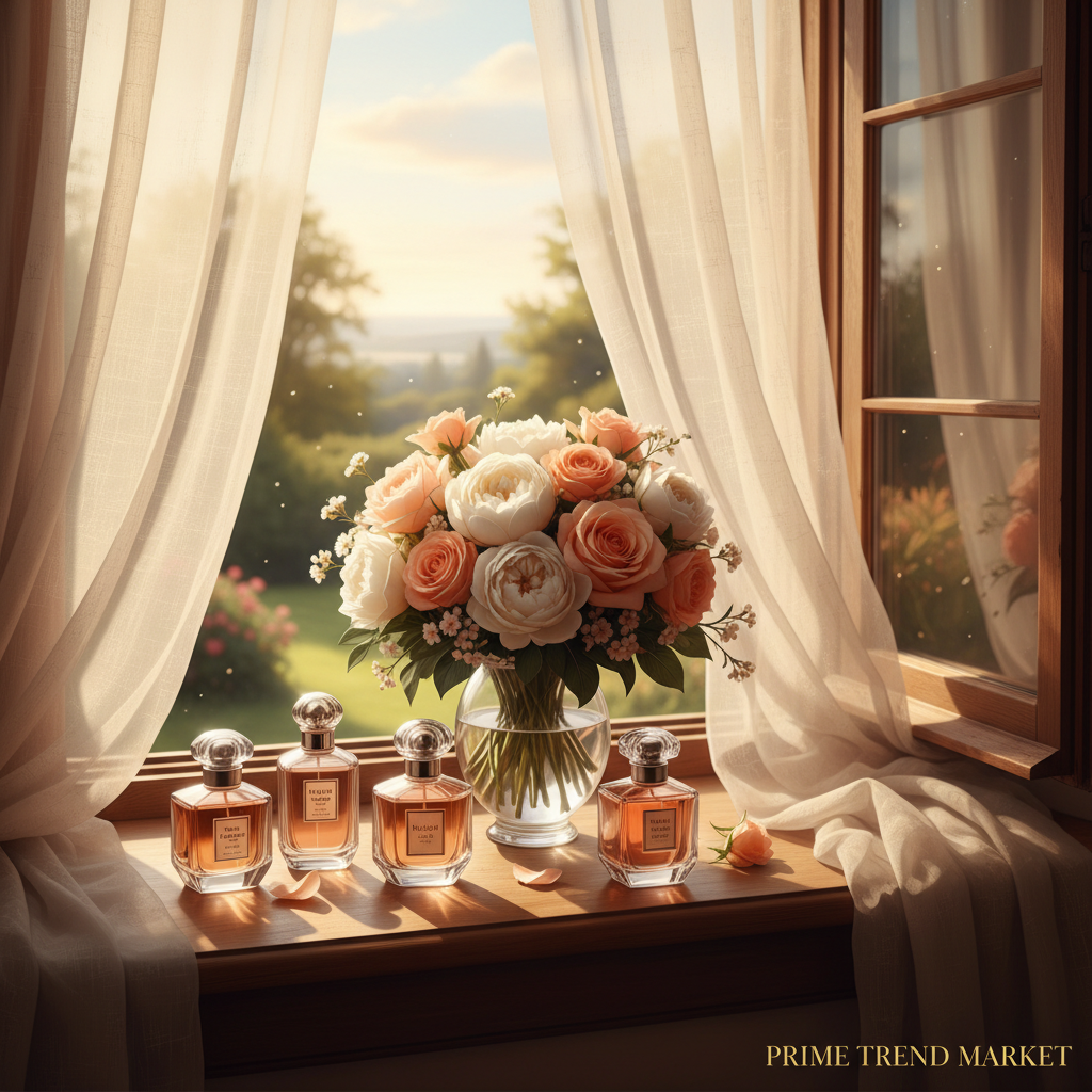 Holiday Roaming perfume on windowsill with sheer curtains and floral bouquet