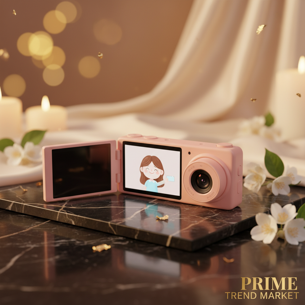 FlipShot pink flip-screen camera on dark marble with jasmine