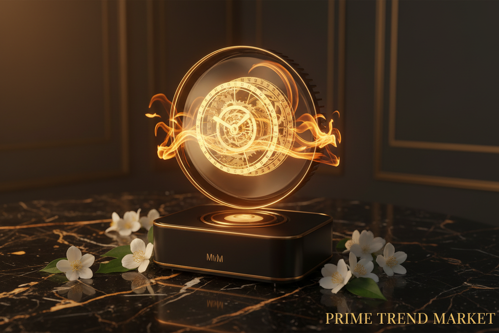 3D Holographic Fan Projector displaying floating hologram on black marble with gold accents — Prime Trend Market