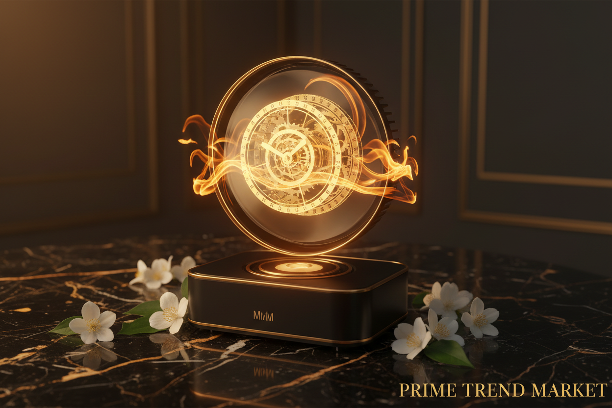 3D Holographic Fan Projector displaying floating hologram on black marble with gold accents — Prime Trend Market