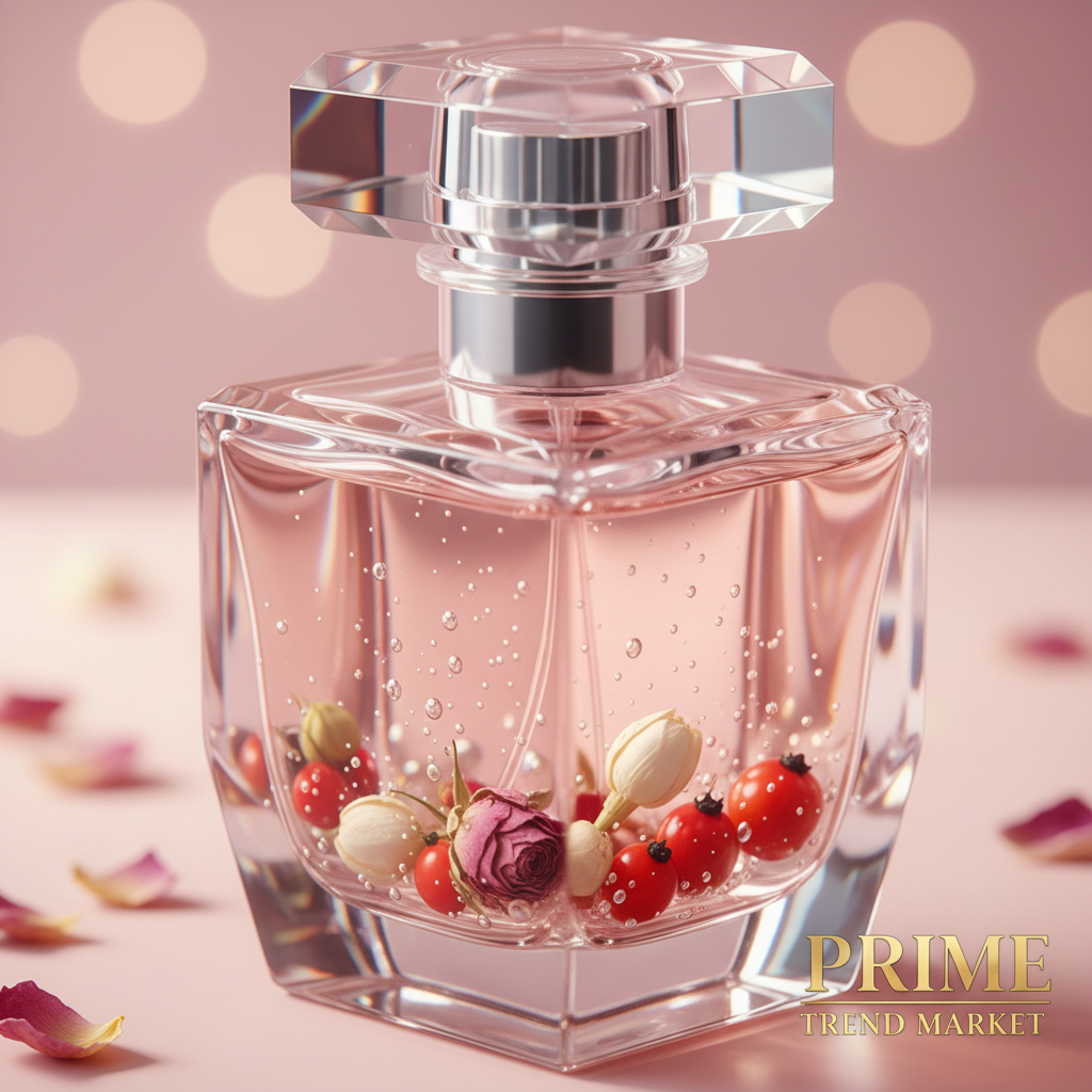 Macro close-up of floral perfume bottle with pink bokeh