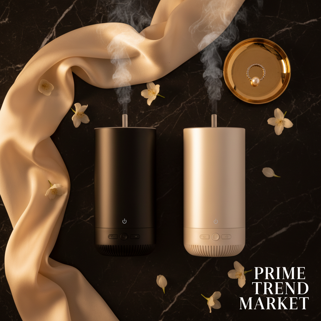Matte black and pearl white luxury aroma diffusers flatlay on dark marble with gold dish and cream silk