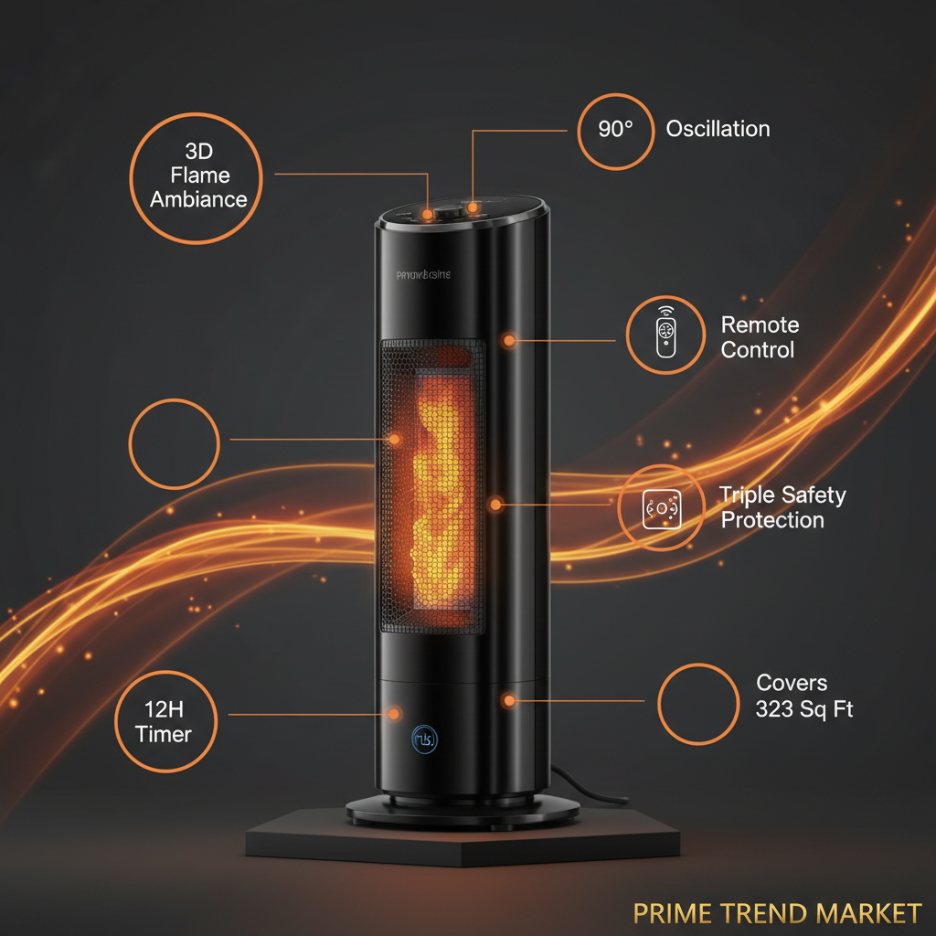 1500W 3D flame tower heater feature highlights infographic - Prime Trend Market