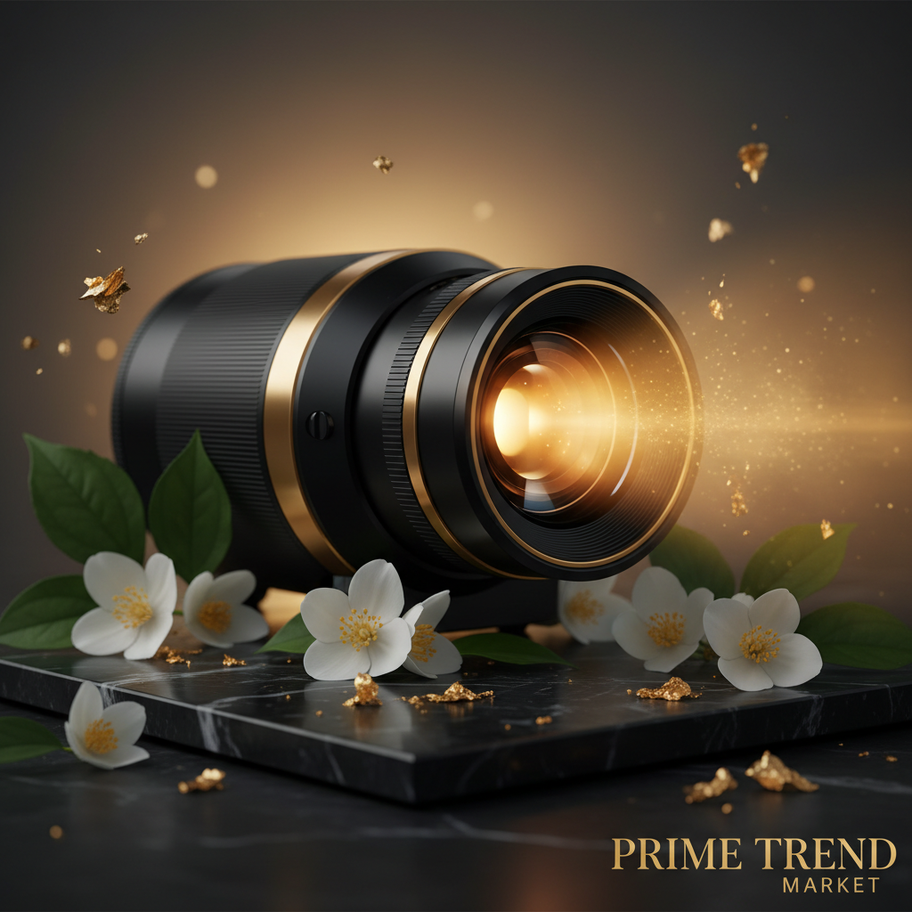 Close-up hero shot of 4K smart projector lens on black marble with gold accents - Prime Trend Market