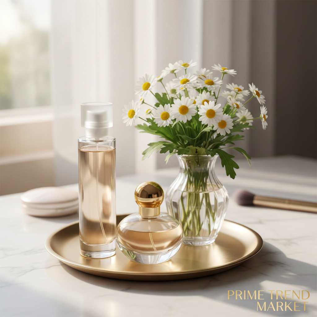 Two perfume bottles on vanity tray with white daisies and morning light