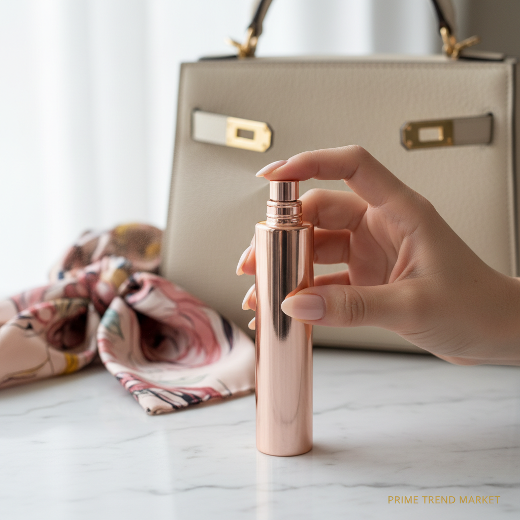 Elegant woman spraying rose gold travel perfume atomizer on wrist - Prime Trend Market
