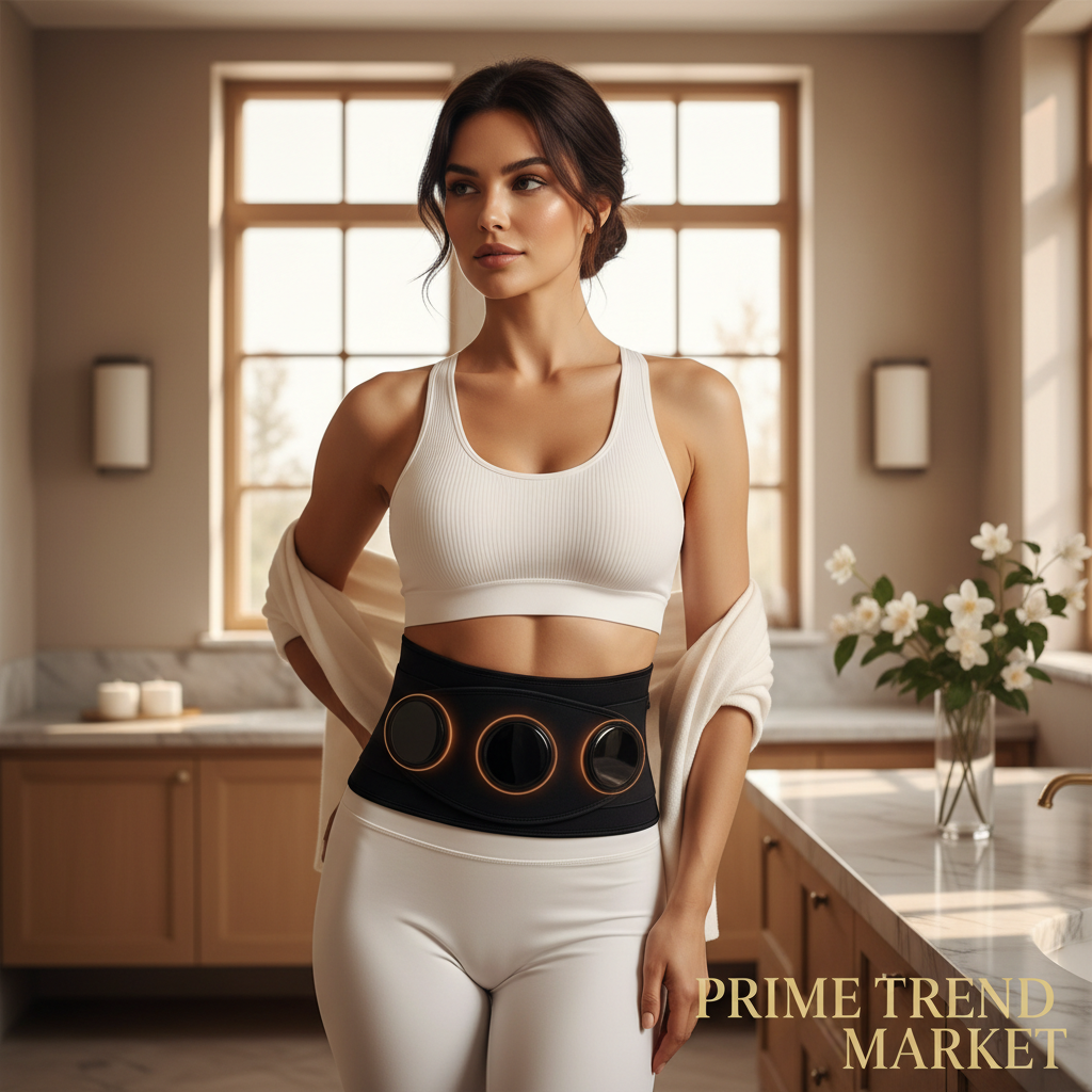Elegant woman wearing luxury smart EMS abdomen belt body sculptor in white athletic wear in luxury spa interior