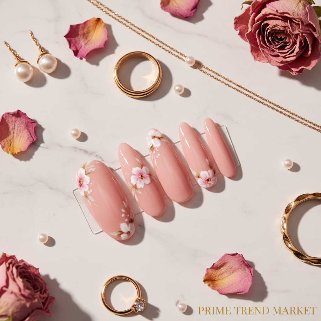 Eclipse Elegance long pink press on nails luxury flatlay on white marble