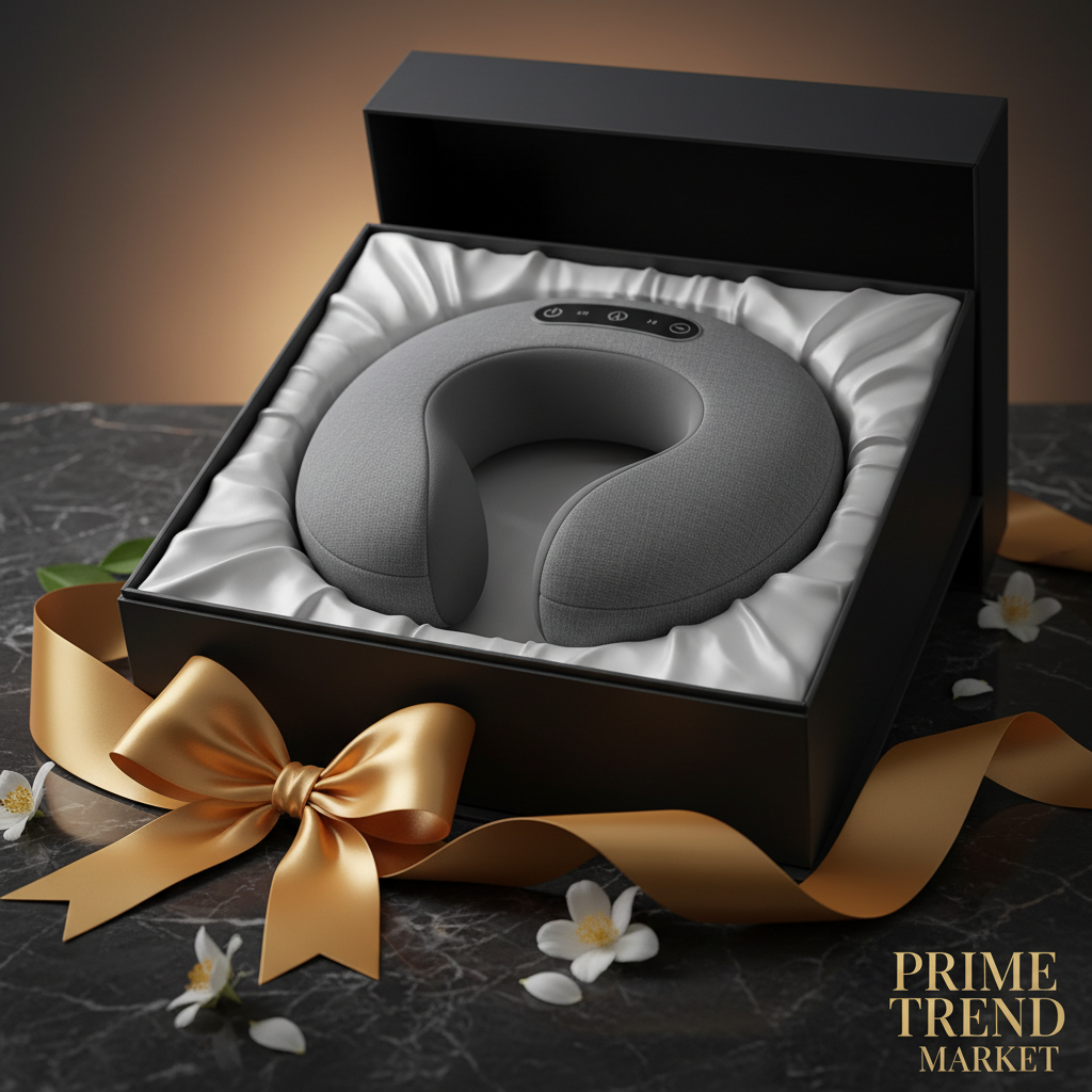 Gray luxury neck massage pillow in matte black gift box with jasmine petals and amber light