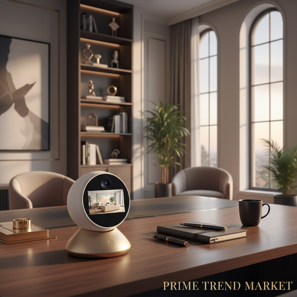 1080P Smart WiFi Surveillance Camera on luxury home office desk lifestyle shot