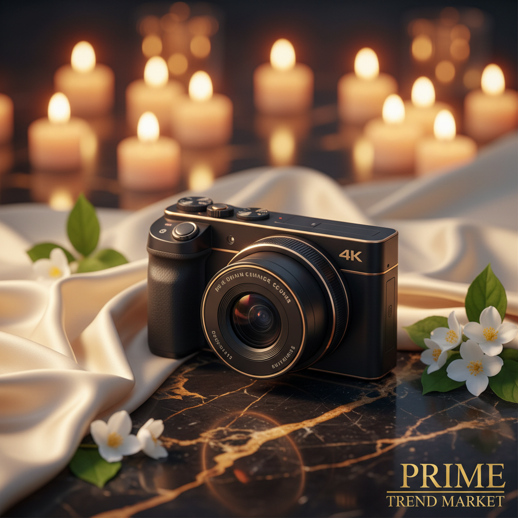 4K Vlogging Camera on dark marble with gold accents and jasmine flowers