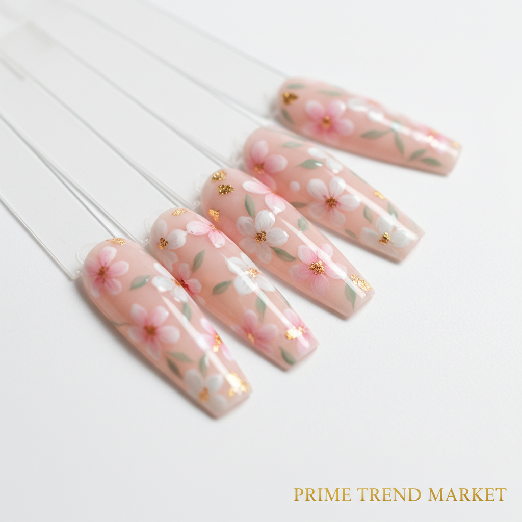 Close-up macro flat flower nail art pastel pink white blooms press-on nails