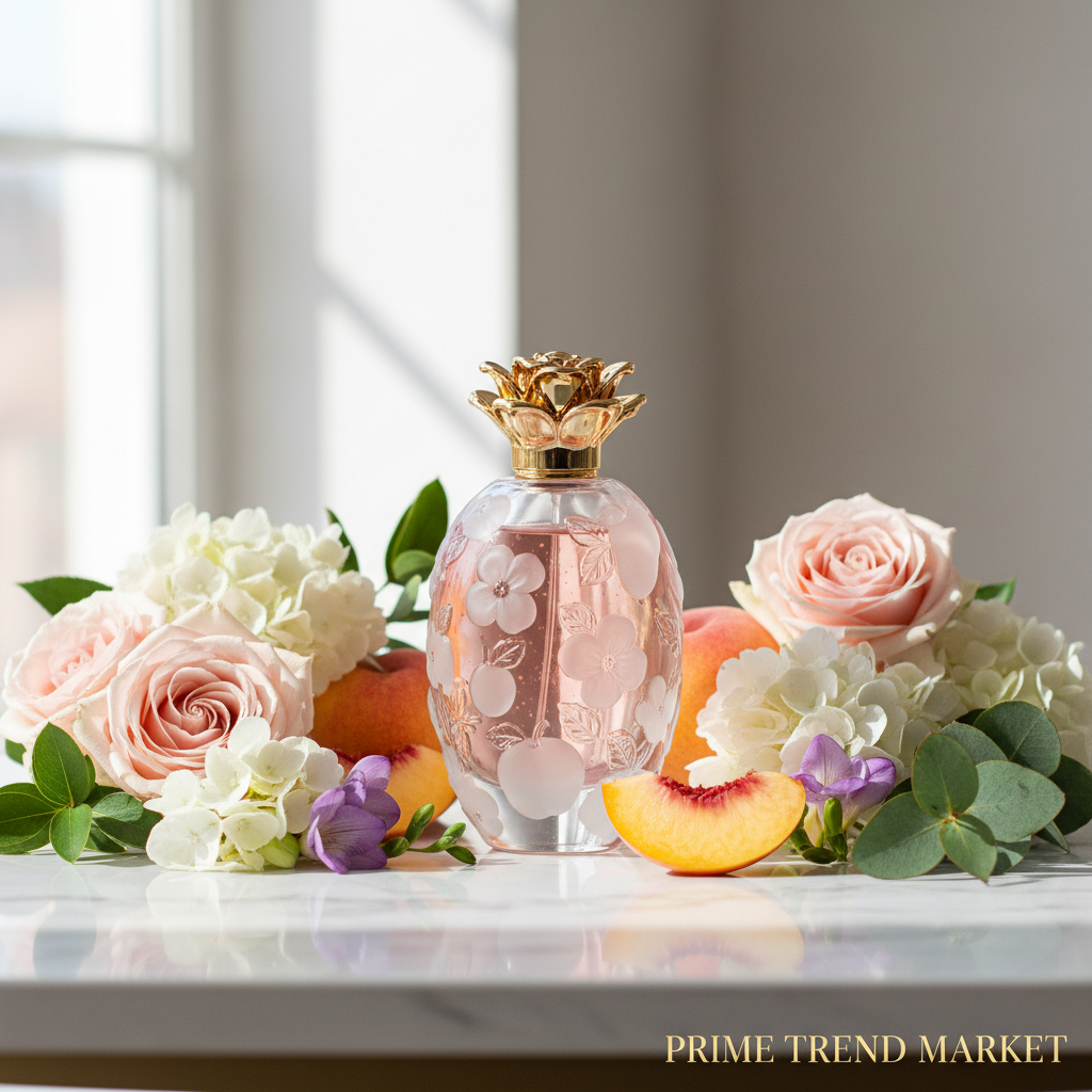 Floral fruity perfume 50ml on marble with flowers and peach slices