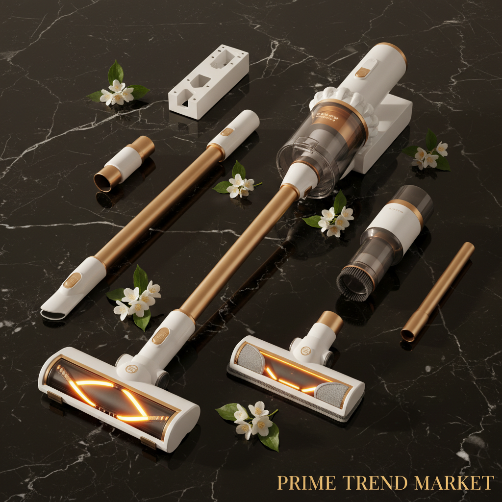 Cordless Vacuum Flat Lay — All 4 Attachments on Black Marble