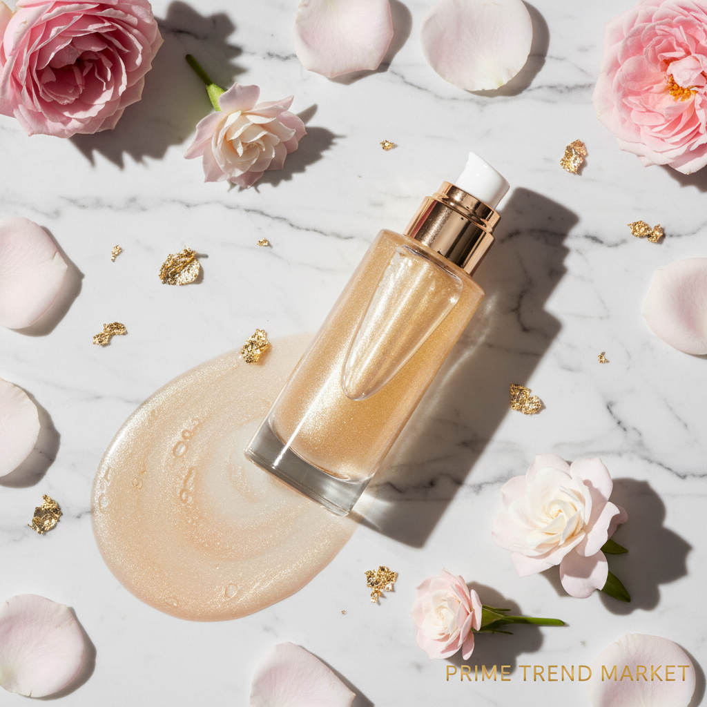 PHOFAY Body Shimmer Oil flat lay on marble with rose petals and gold leaf accents
