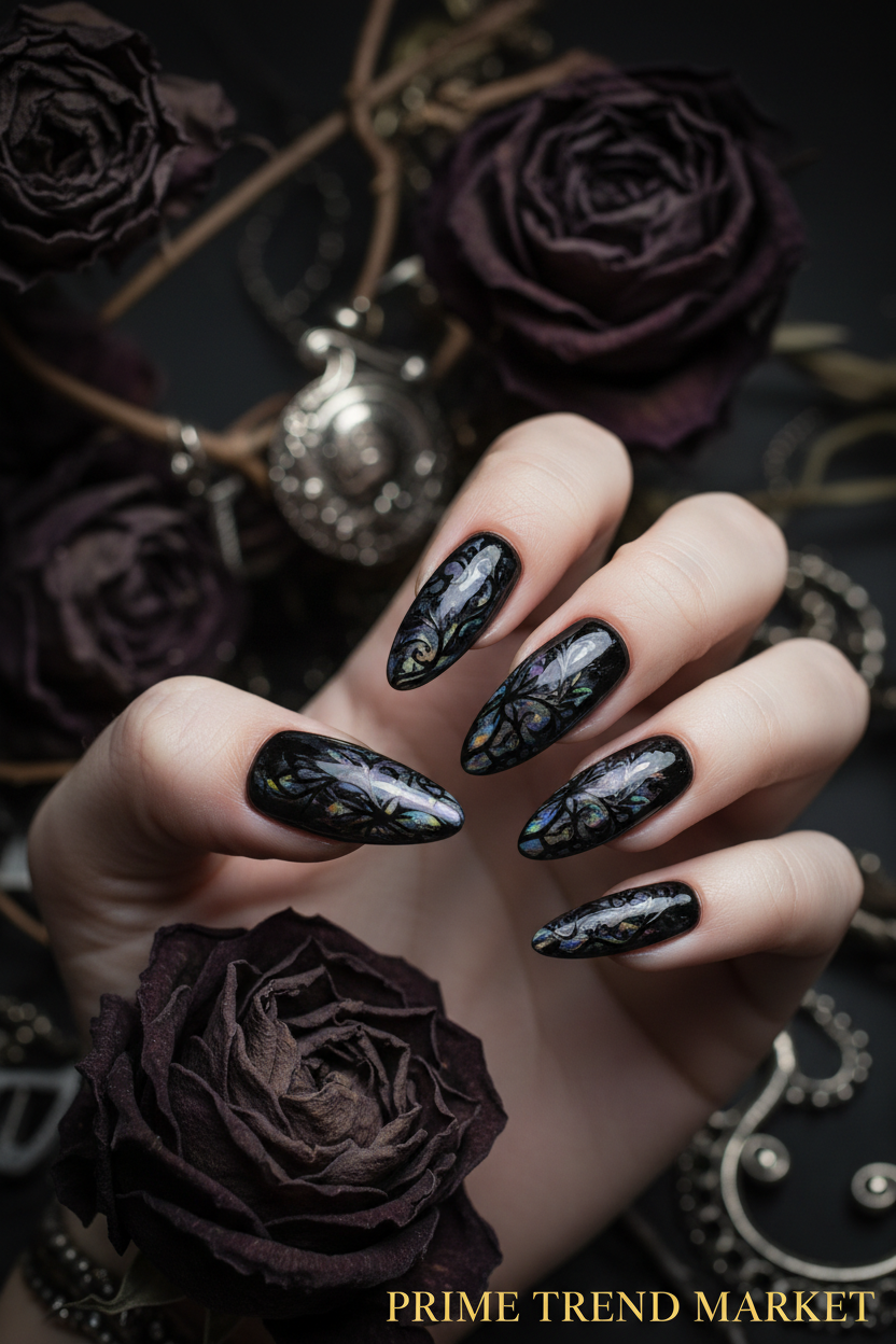 Dark Vine Black Press-On Nails — Close-Up Detail