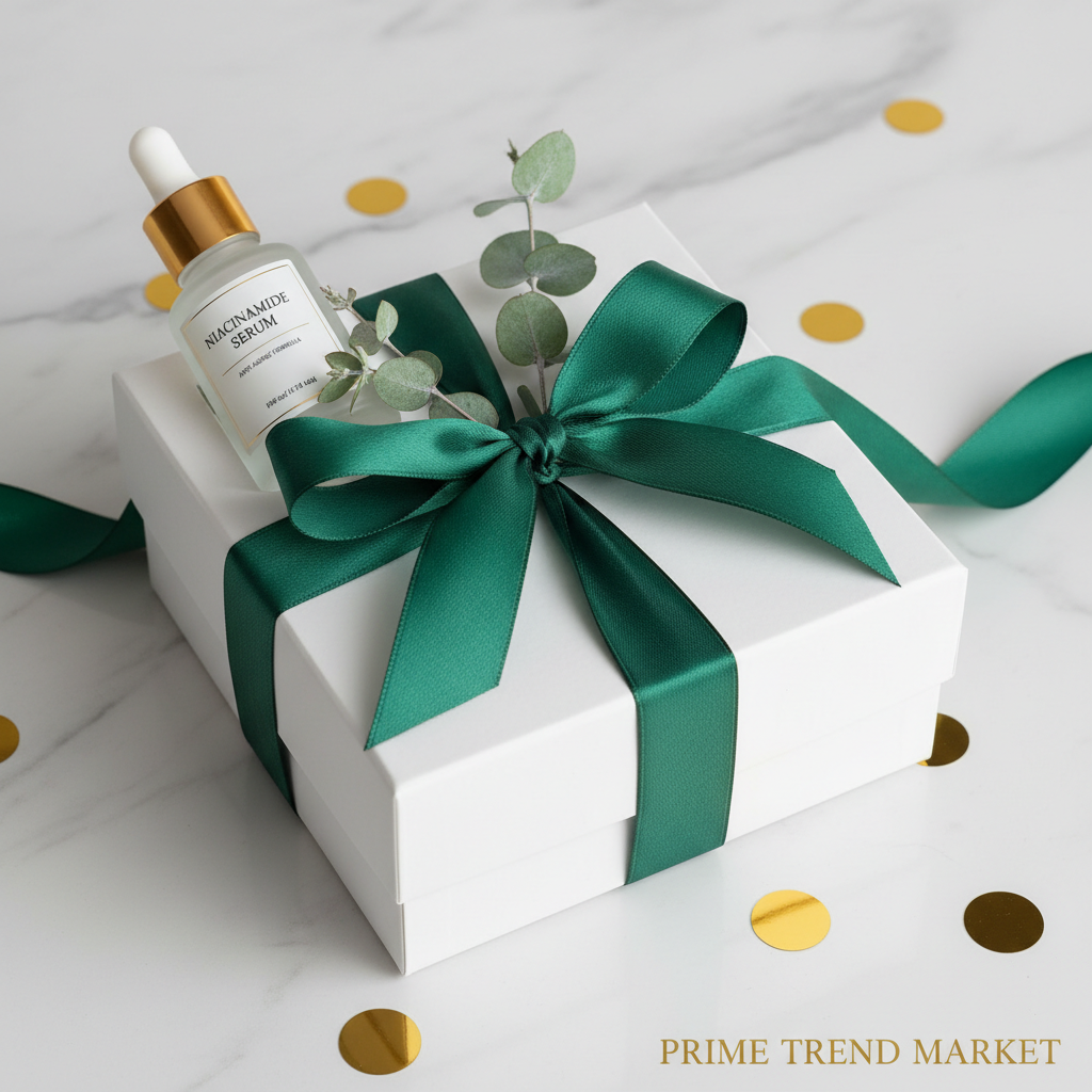 Niacinamide serum bottle in white gift box with green ribbon eucalyptus and gold confetti on marble