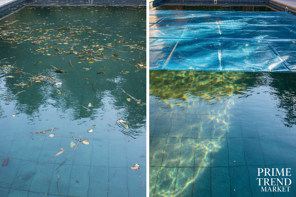 Pool with and without insulation film before and after comparison