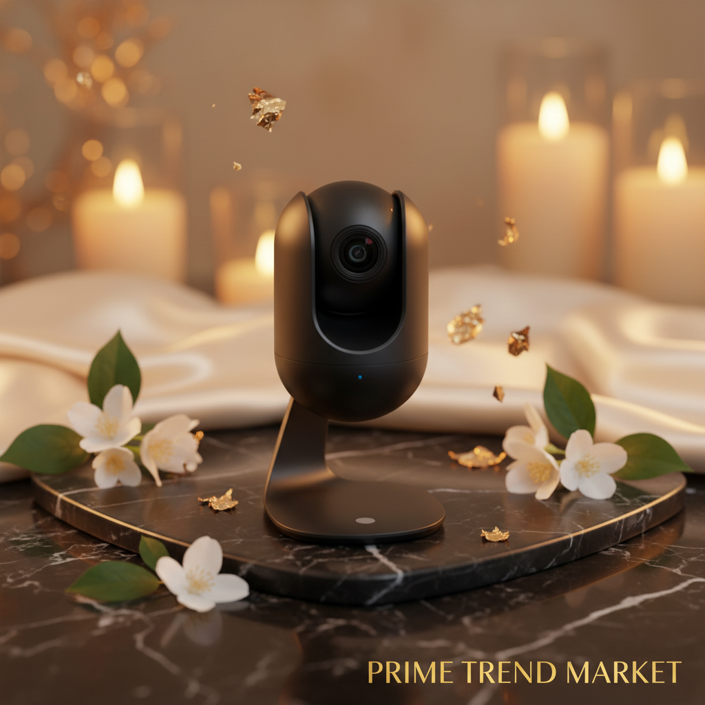 A8 HD Pet Camera on black marble with gold accents and jasmine flowers