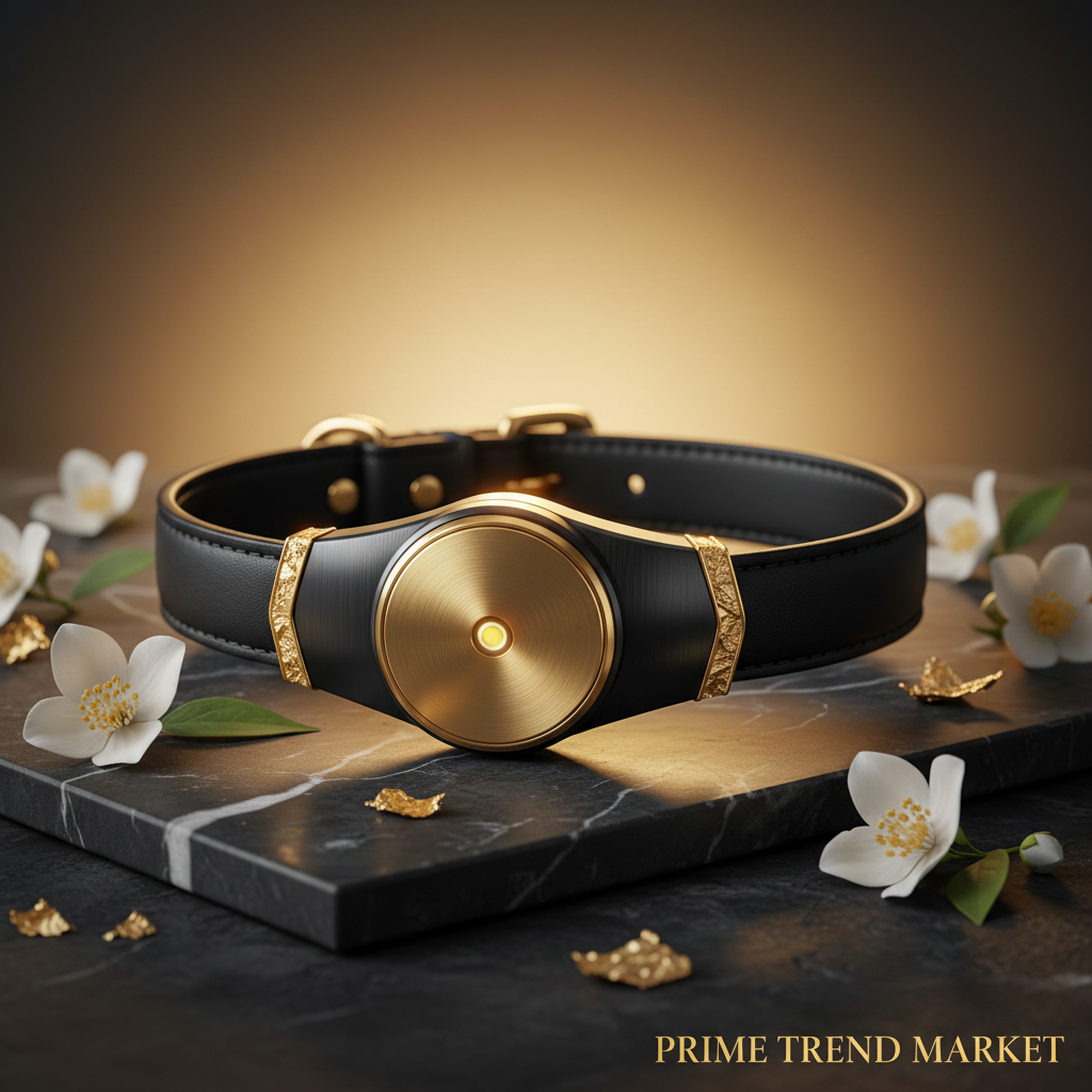 Close-up hero shot of black dog GPS tracker collar on black marble with gold accents - Prime Trend Market