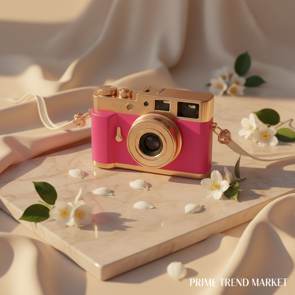 RetroSnap CCD Camera Hot Pink on cream ivory marble with jasmine