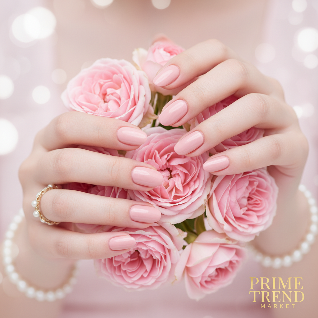 Woman's hands with blush pink press on nails holding pink roses lifestyle shot