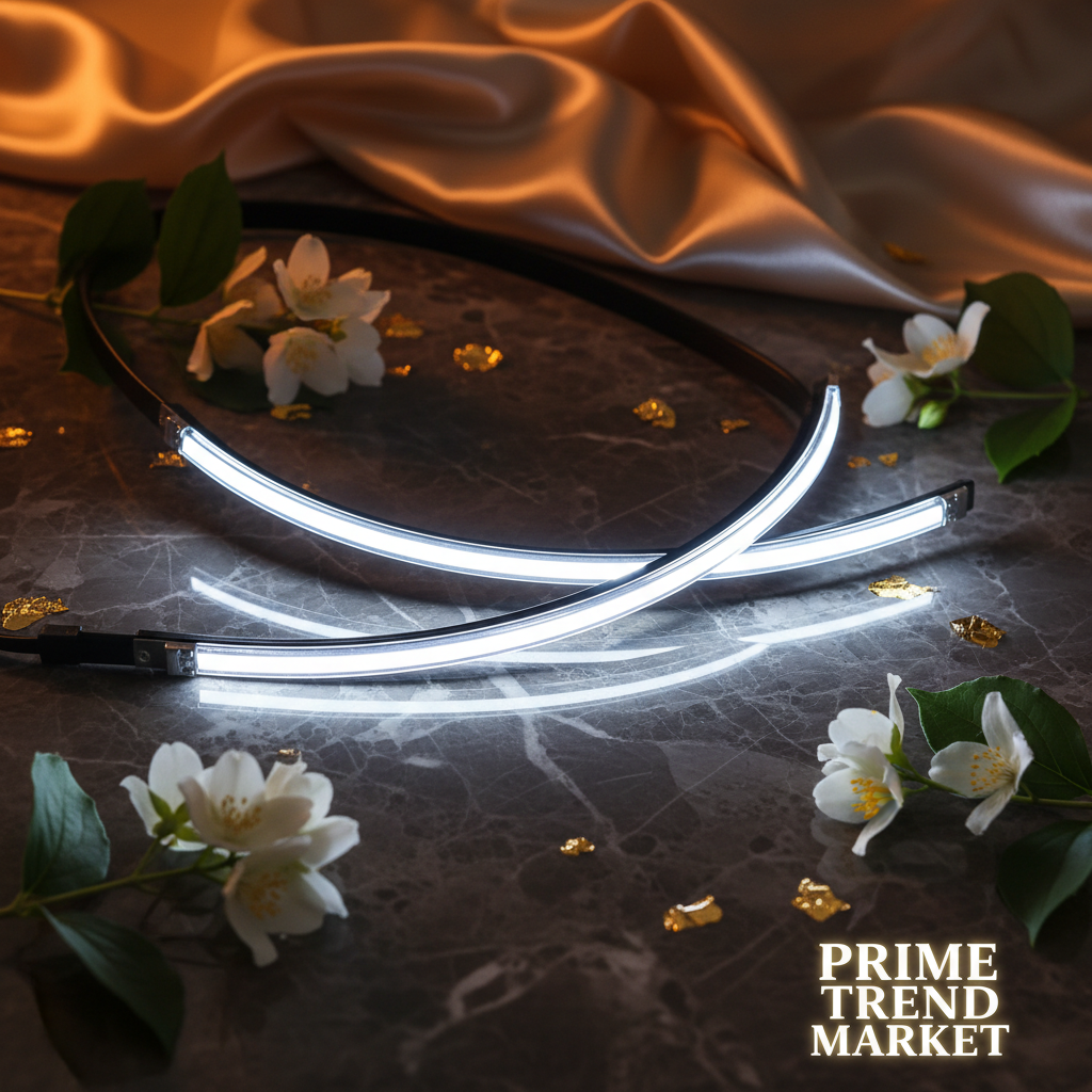 LED Daytime Running Lights 2Pcs — luxury flat lay on dark marble with jasmine flowers and gold accents