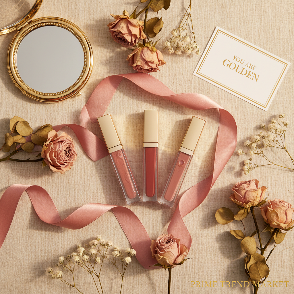 Lip gloss gift set flatlay with ribbon and flowers
