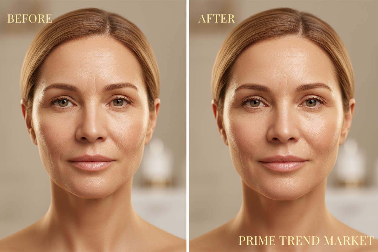 Before and after showing reduced wrinkles and firmer skin after using OUHOE facial essence — Prime Trend Market