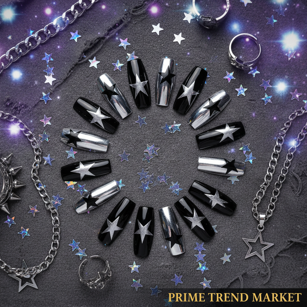 Black silver star nail art press-on nails arranged in circle on dark background with holographic star confetti and purple galaxy bokeh