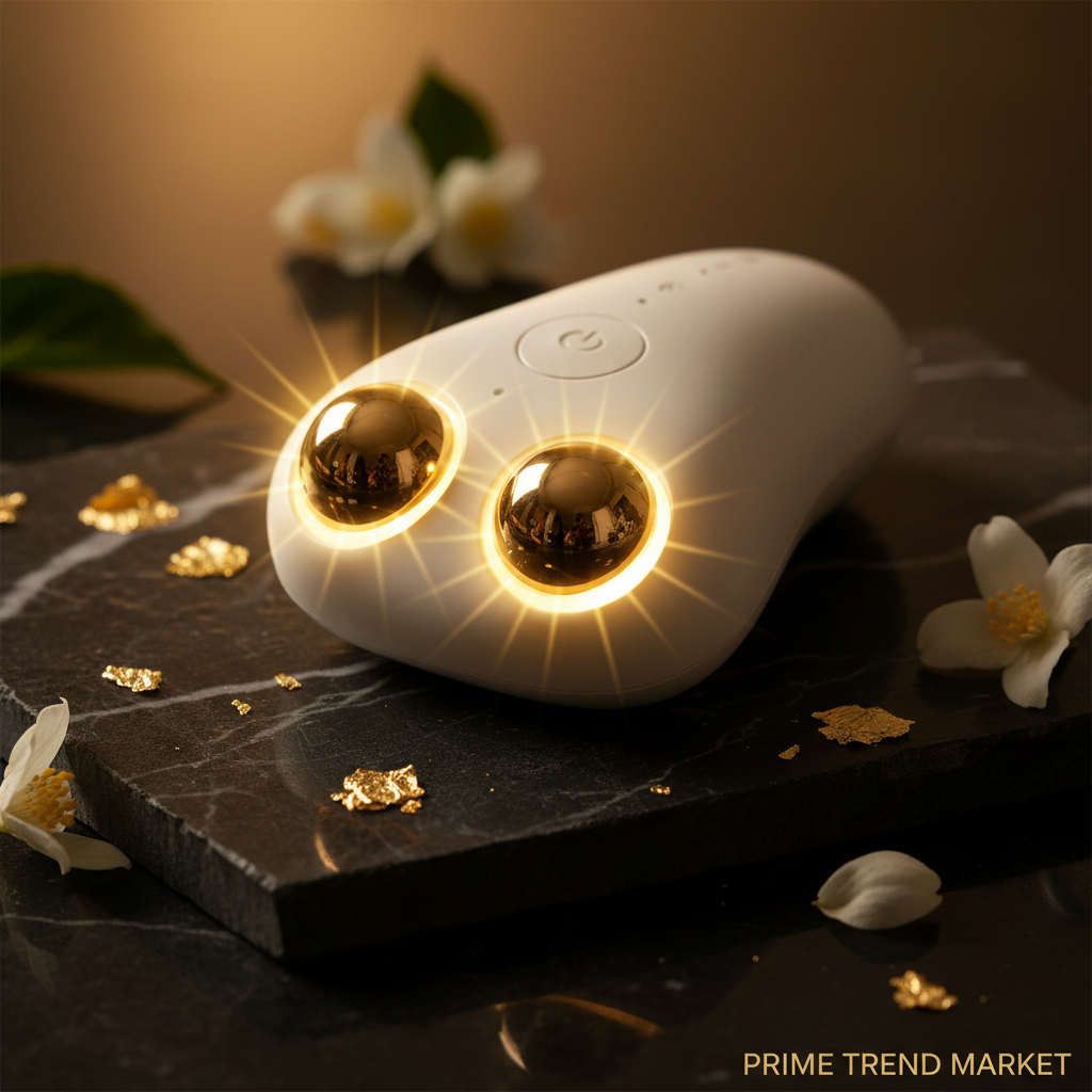 Luxury EMS Micro-Current Face Massager Pearl White Twin Gold Balls Macro Detail