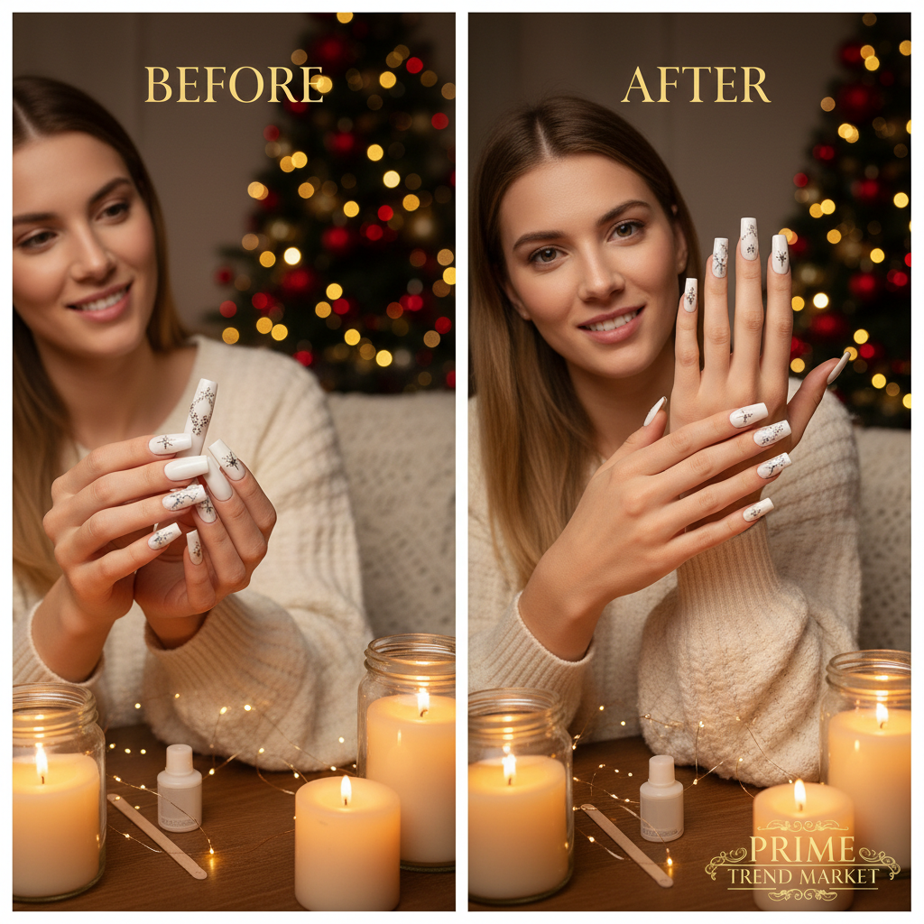 Easy application tutorial diamond deer snowflake press-on nails winter home setting