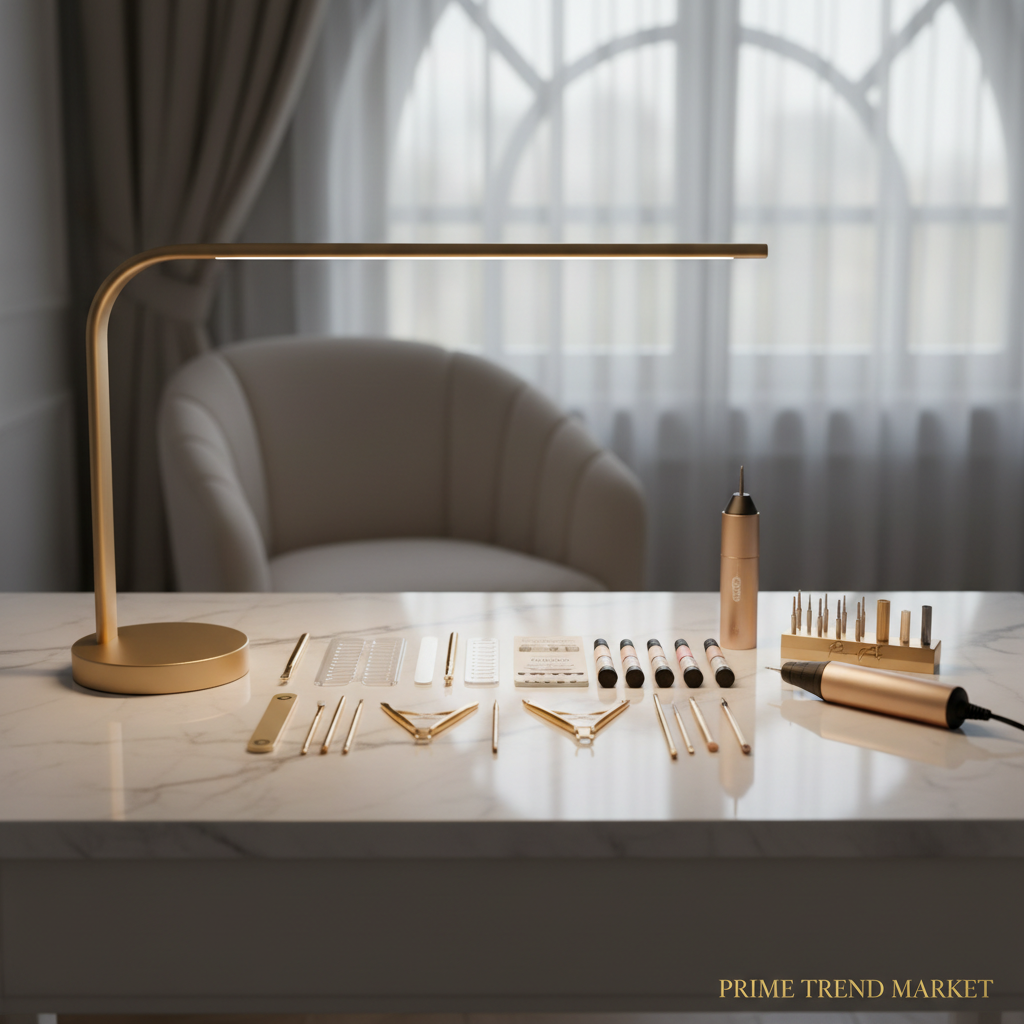 Luxury home nail studio setup with half moon LED lamp as centerpiece