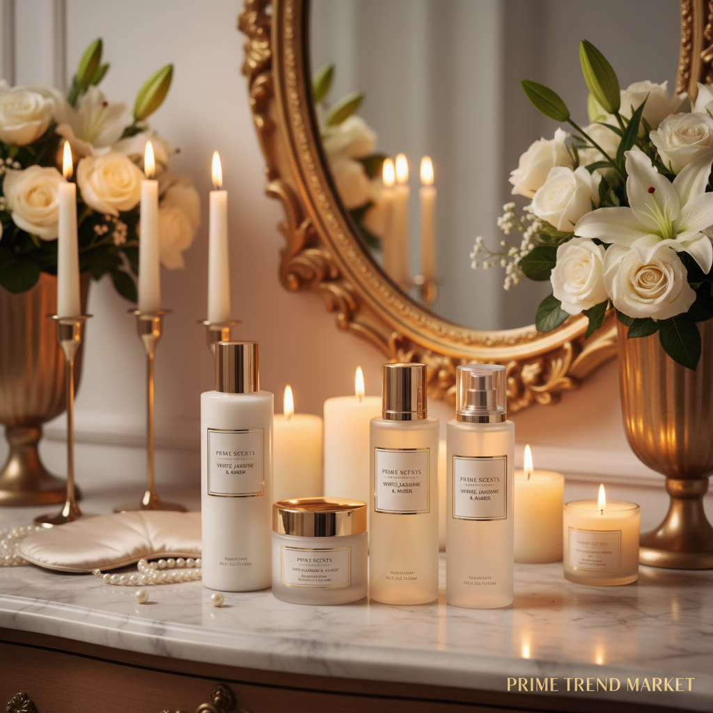 Body care set on vanity with gold mirror and candlelight