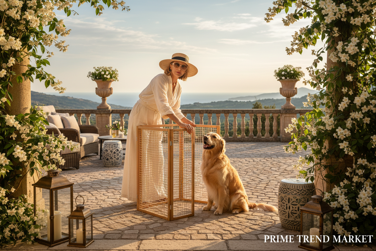 Woman setting up pet playpen outdoors