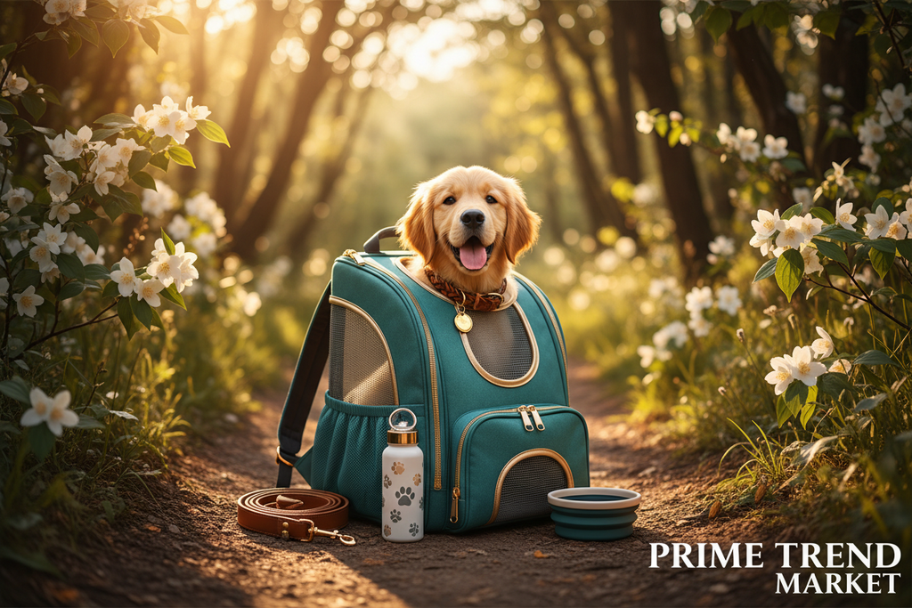 Golden retriever puppy in teal pet backpack on hiking trail