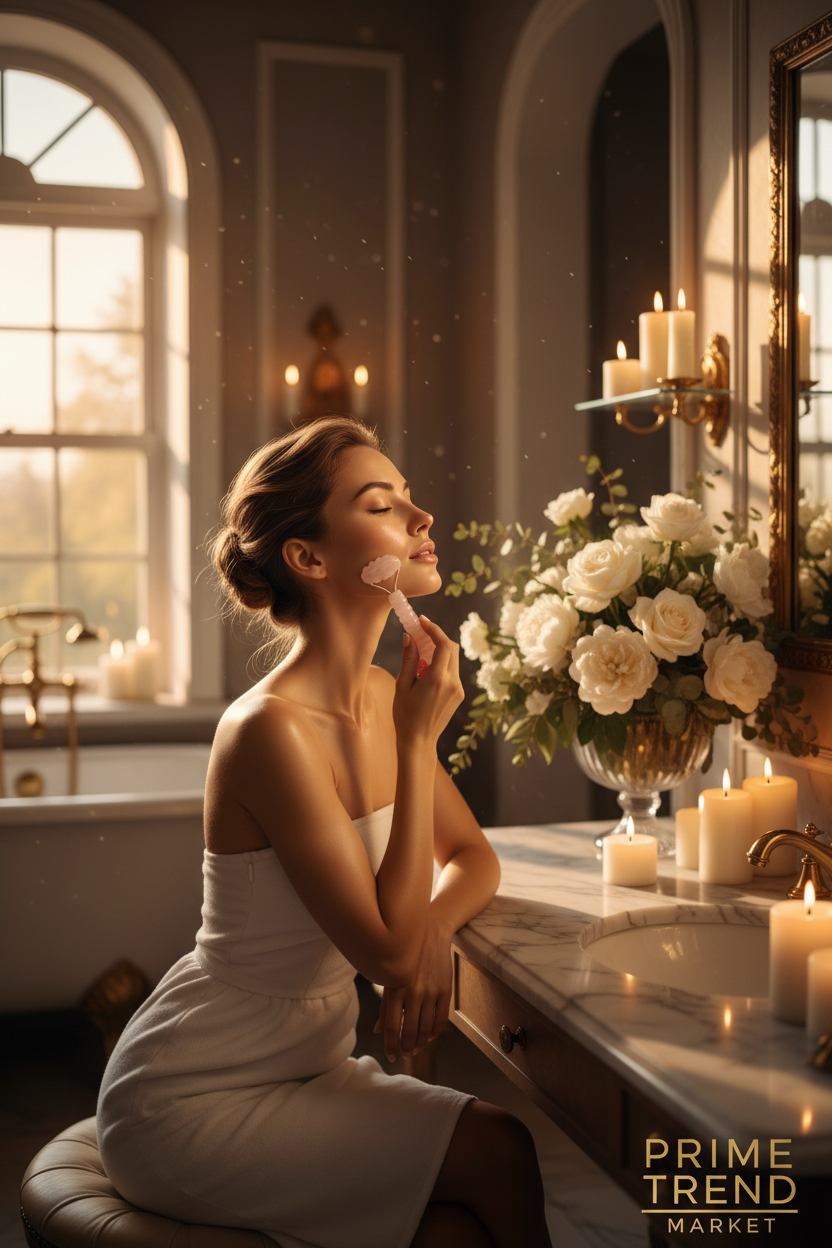 Woman using pink facial massager at vanity with golden hour lighting — Prime Trend Market
