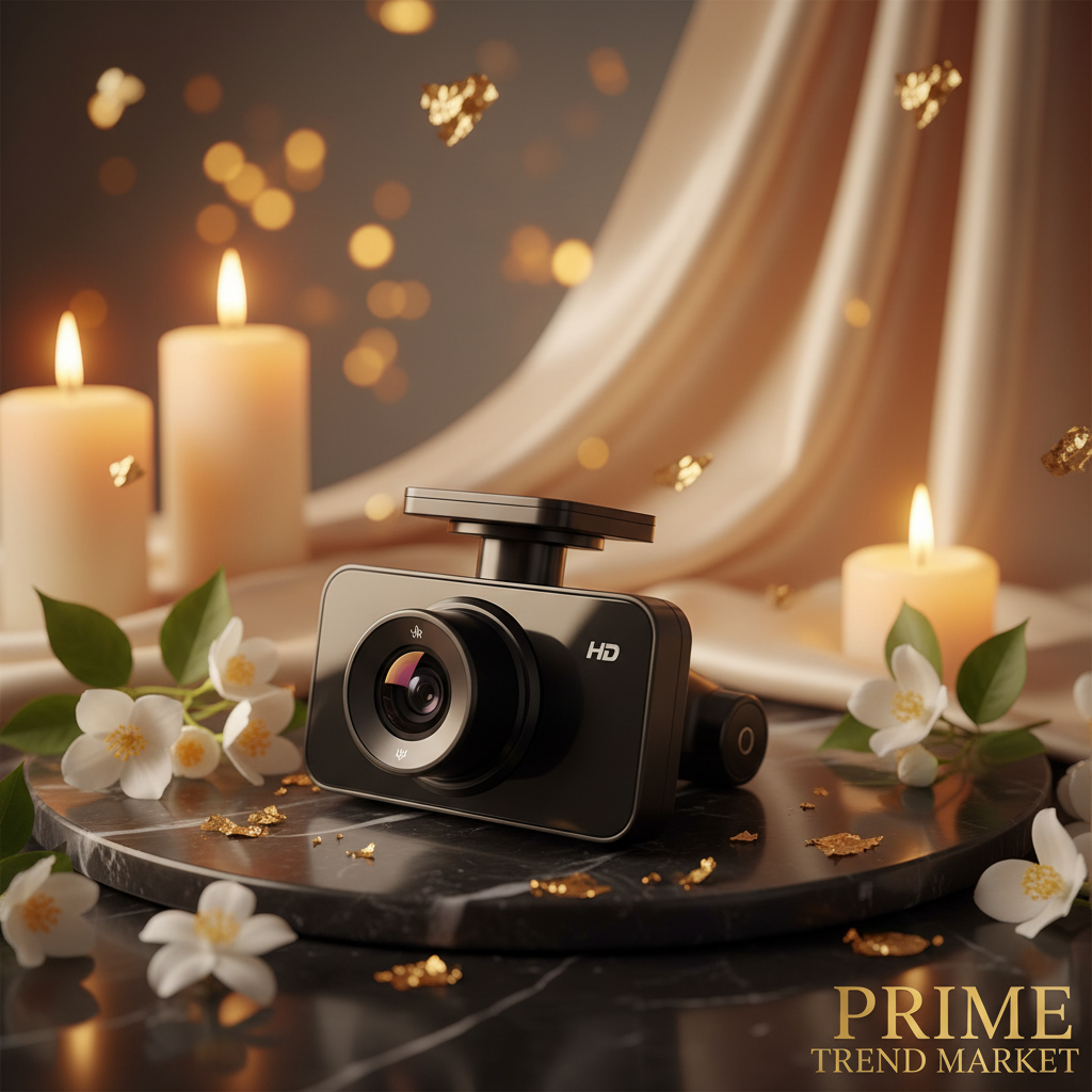 DashShot dash cam on dark marble with jasmine