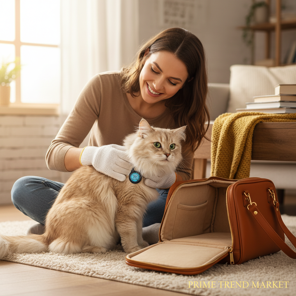 Woman grooming cat with gloves
