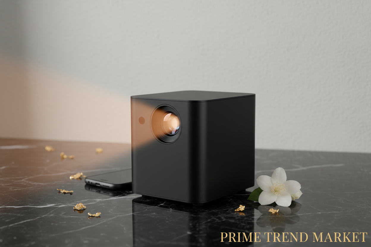 P330 Ultra-Light Mini Projector on black marble with jasmine and cinematic light beam — Prime Trend Market